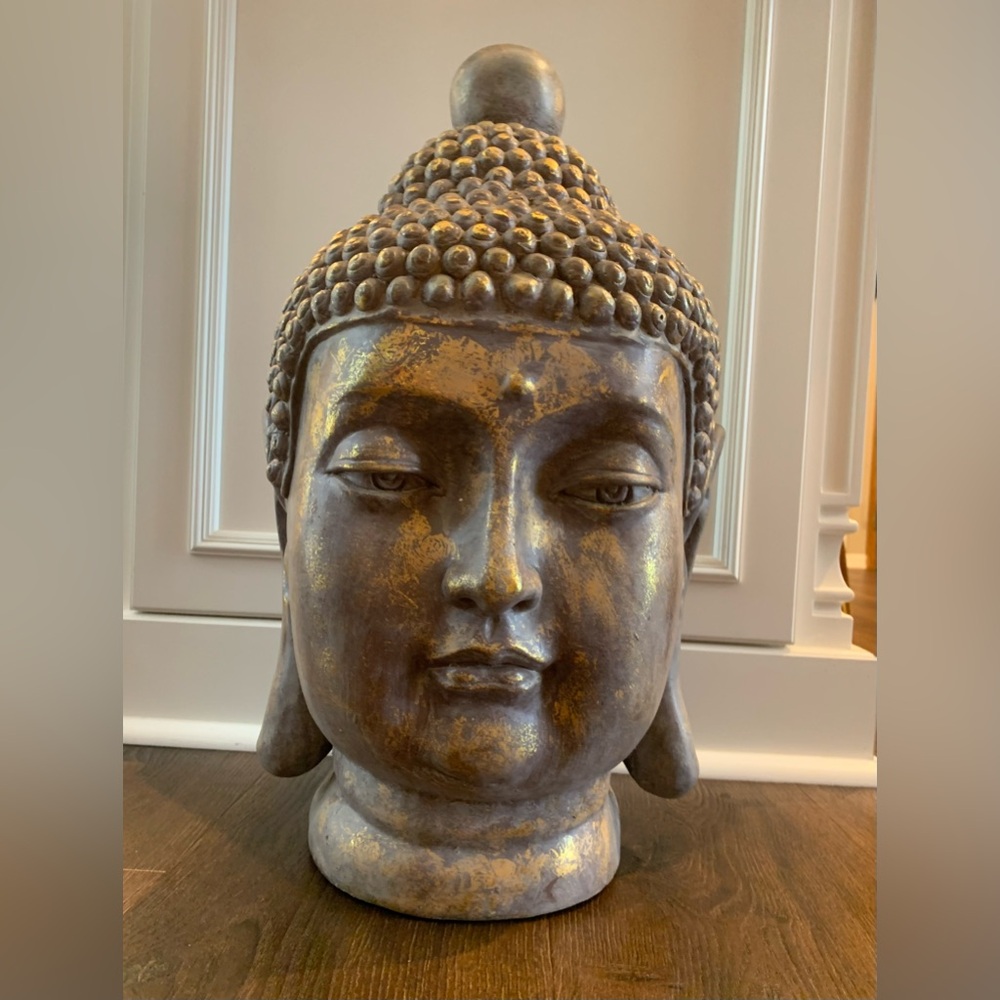 Large Buddah Head  20” By 11” Splashed Gold Painted Cast Plaster Life like  Eyes